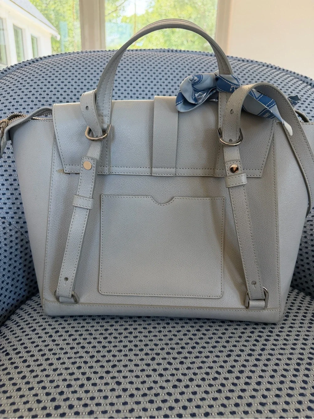 Senreve Pebbled Leather Tote in Light Gray with Blue Scarf